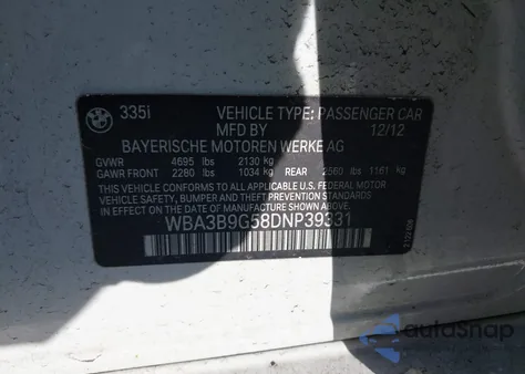 2013 BMW 335I xDrive z USA, uszkodzony, nr VIN WBA3B9G58DNP39331